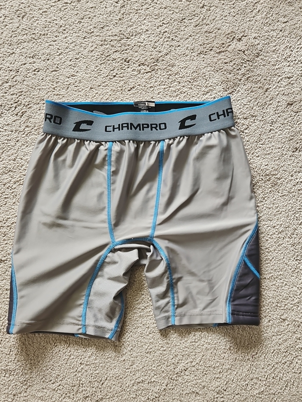 Womebs Softball Compression Sliding Shorts — Light Gray with Blue Trim